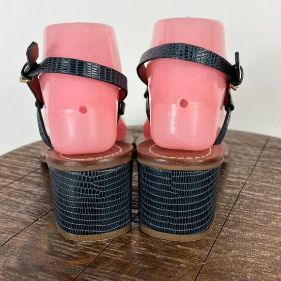 Tory Burch Sandal Women 8 Blue Mini Miller Leather Lizard-Print Thong Block Heel - Picture 3 of 10